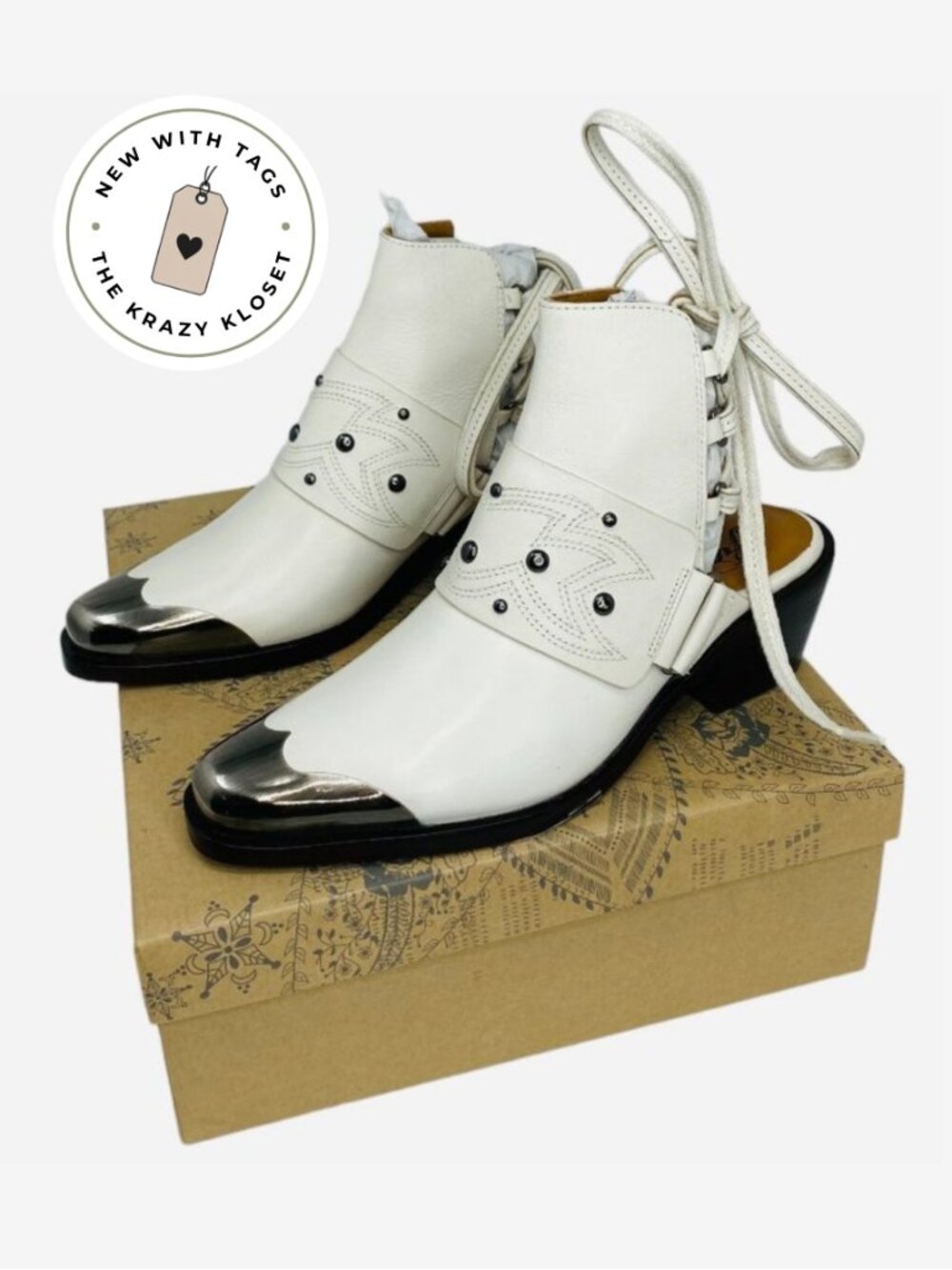 Free People Rory Studded Leather Booties NWT 9 Cream Lace Up Ankle Boots